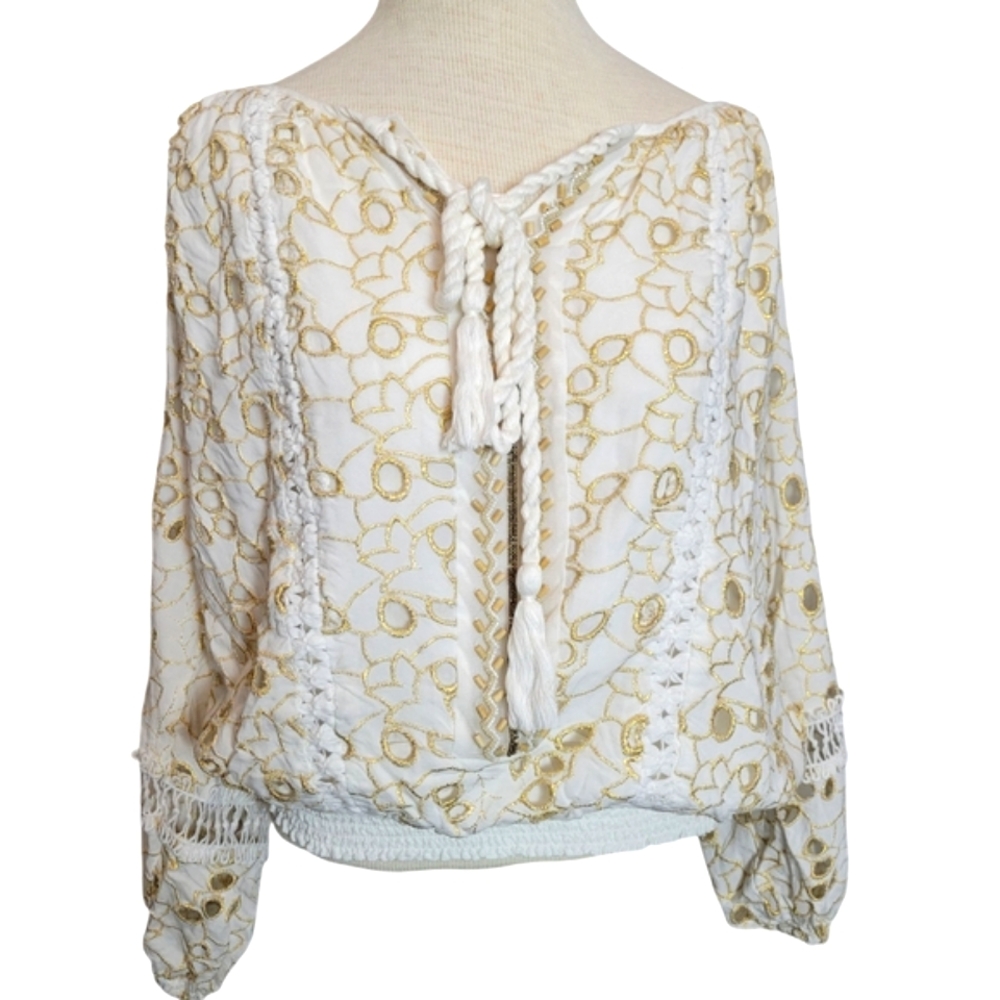 Venus Beaded & Gold Embroidered Balloon Sleeve Boho Top Size-Small